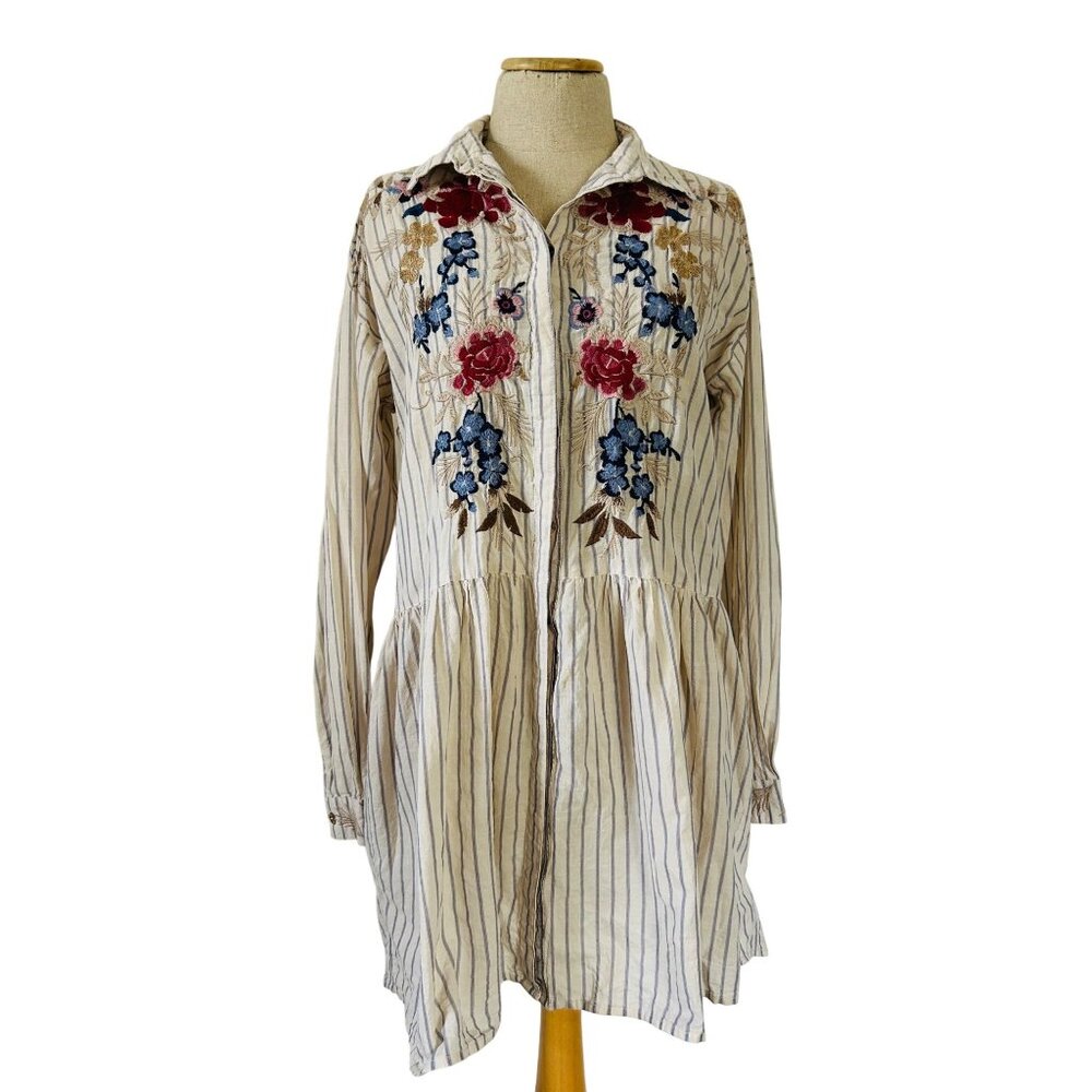 Johnny Was Floral Embroidered Striped Tunic